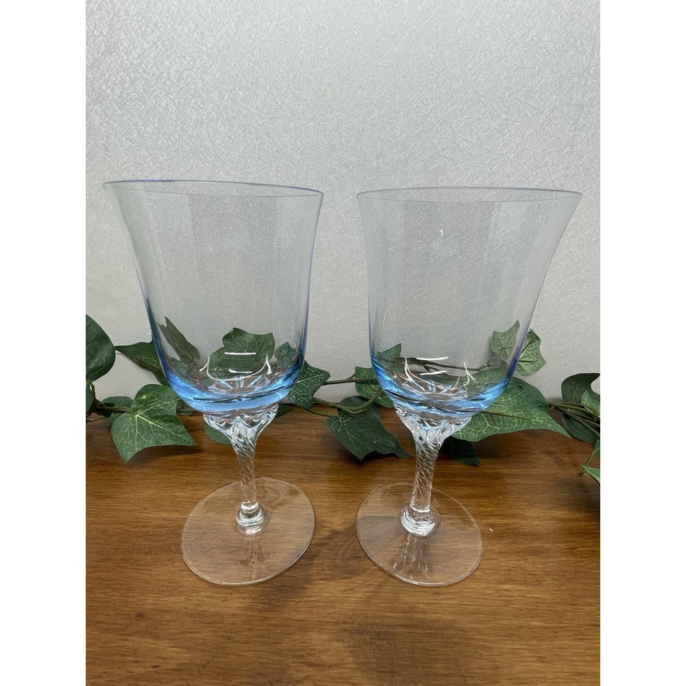 Vintage Sasaki Hawthorne Azure Light Blue Crystal Wine Glasses- Set Of 2 - 7"